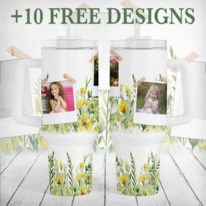 Vaso con foto de 40 oz con envoltura para apagar fotos de flores silvestres, vaso para apagar fotos, diseños de sublimación para el día de la madre, plantilla para vaso con flores para 3 fotos