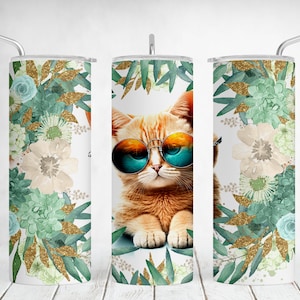 Gobelet emballé avec un chat, motif sublimation pour animaux de compagnie, 20 oz, gobelet mince 20 oz Gobelet animal PNG avec emballage d'anniversaire pour maman et chat, sans couture