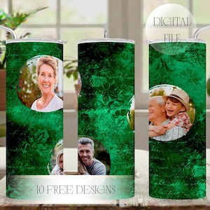 Picture Tumbler Wrap With 3 Round Frames, Image Tumbler For 3 Photos For Sublimation Designs, Green Tumbler Wrap Png, Seamless Template