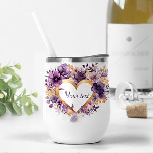 12-Unzen-Weinbecher mit violetten Blumen, Hochzeitsweinbecher Png, Sublimationsdesign für 12-Unzen-Becher, personalisierte Weinbechervorlage