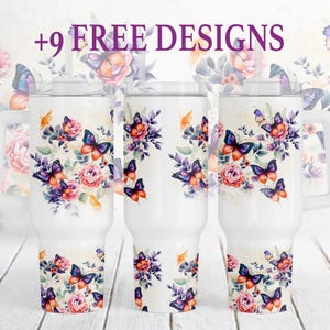 40 oz Tumbler Sublimation Designs, Butterfly Tumbler Wrap Designs, 40oz Tumbler Template, Purple, White Flower Stanley Cup, Gift For Grandma