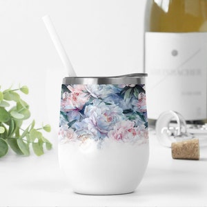 12-Unzen-Weinbecher-Verpackung mit blauen Blumen-Sublimations-Designs für Wein-Schalen Blumenwein-Schalen-Schablone 12-Unzen-Weinbecher Png mit Pfingstrosen