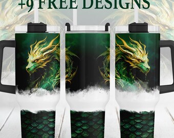 40 oz Tumbler Wrap mit Drachen, Fantasy Sublimation Designs, neue Jahr 2024 Png-Dateien für 40 oz Quencher Tumbler Vorlage, grüner Becher Png
