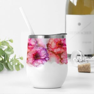 Wine Tumbler Wrap, Floral Sublimation Designs For 12 oz Wine Cup, Wedding Wine Tumbler Png With Pink Flowers, Bridal Wine Tumbler Template