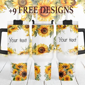 May include: Three white travel mugs with black handles and lids, decorated with watercolor sunflowers and green leaves. The mugs have the text "Your text" and the words "+9 FREE DESIGNS".