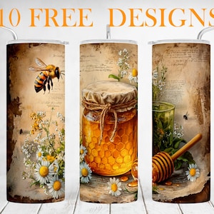May include: Three stainless steel tumblers with bee and honey-themed designs. One tumbler features a bee, another a jar of honey, and the third a honey dipper and glass. The tumblers have a vintage, rustic aesthetic with floral accents and the text "+10 FREE DESIGNS".