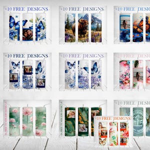 Tumbler Wrap Designs With Butterfly White Blue Flower PNG Files Sublimation Designs Downloads For 20oz Skinny Cups Seamless Straight Tapered image 4