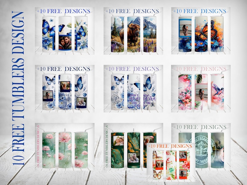 Tumbler Wrap Designs With Butterfly White Blue Flower PNG Files Sublimation Designs Downloads For 20oz Skinny Cups Seamless Straight Tapered image 4