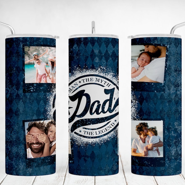Dad Tumbler Wrap For 4 Pictures Navy Tumbler Sublimation Design 20 OZ Photo Tumbler Png With 4 Polaroid Frames Seamless Template Father Gift