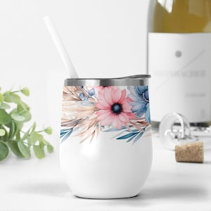 12 oz Wine Tumbler Wrap With Blue, Pink Flowers, Wedding Wine Tumbler Png For Sublimation Designs, Floral Tumbler Template, 12 oz Wine Cup
