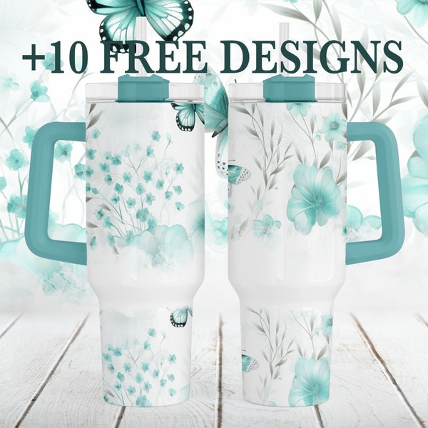 40oz Tumbler Wrap Designs With Teal Butterflies Tumbler Png Files For Sublimation Designs White Green Flowers Tumbler Templates Gift For Mom