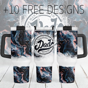 Vatertag Sublimation Designs für 40 Unzen Quencher Tumbler mit Griff Papa Tumbler Wrap Schwarz Blau Marmor Png für 40 Unzen Tassen Vater Geschenke
