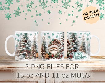 Christmas Mug Wrap With Christmas Gnome, 11oz 15 oz Mug Sublimation Designs, Winter Coffee Mug Template With Snowflakes, Christmas Gifts