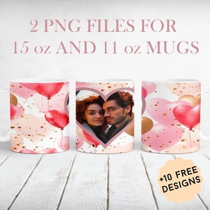 Valentijn fotomok wrap met 1 lijst 11 oz 15 oz fotomok png met roze harten Valentijnsdag sublimatie ontwerpen koffiemok sjabloon