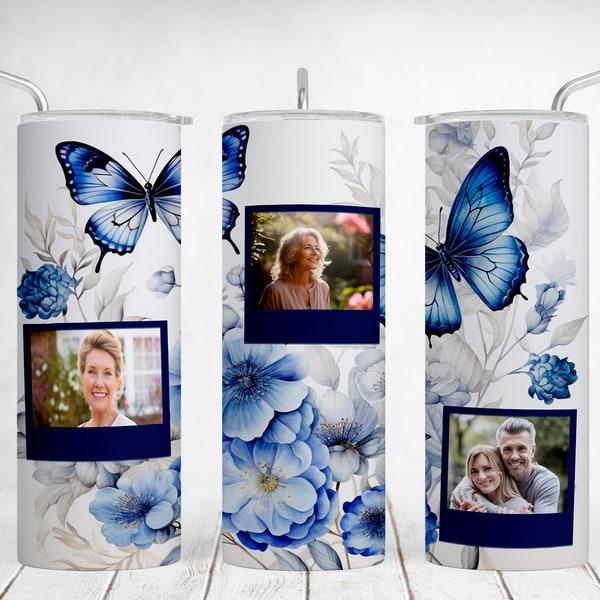 Picture Tumbler Wrap With 3 Frames Butterfly Flowers Photo Tumbler Png Files For Sublimation Designs For 20 OZ Cup Seamless Straight Tapered