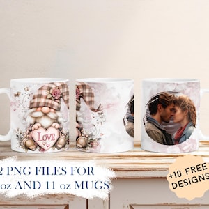 Fotobecher-Verpackung mit Bilderrahmen, Gnombecher Png-Sublimationsdesigns, personalisierte Kaffeebechervorlage mit 1 Foto-anpassbarem Muttergeschenk