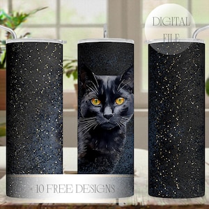 Tumbler Wrap With Black Cat, 20 oz Skinny Tumbler Png File For Sublimation Designs Downloads, Cat Mom Tumbler Design, Seamless Tumbler Png
