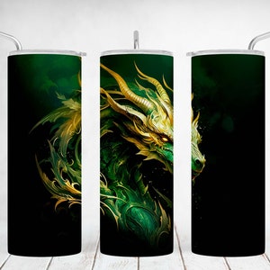 Envoltório para copo de 20 oz com dragão, designs de sublimação de fantasia, arquivos PNG para modelo de copo fino de 20 oz, copo verde PNG, presentes do signo do zodíaco