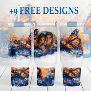 Gobelet photo personnalisé 40 oz avec papillons, image PNG pour sublimation, modèle de gobelet fête des mères personnalisé pour 1 photo