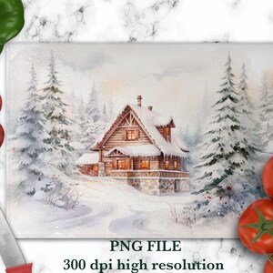 Glass Cutting Boards Png With Winter Cottage, Chopping Board PNG With Forest Cabin, Winter Landscape Sublimation Designs For Christmas Gifts