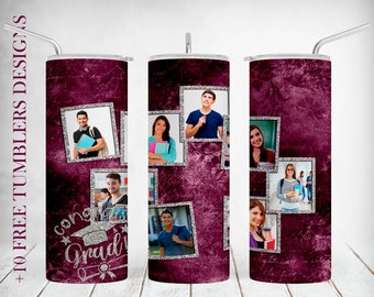 Picture Tumbler Wrap, 2024 Graduation Sublimation Designs, Class Photo Tumbler, 20OZ Skinny Tumbler Template With 8 Frames, Maroon, Seamless