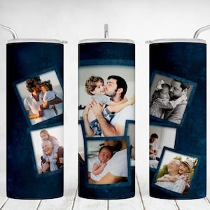 May include: A blue stainless steel tumbler with a collage of photos of a father and his children. The photos are arranged in a grid pattern and are surrounded by a dark blue border. The tumbler has a straw and a lid.