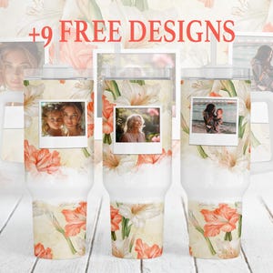 Envoltorio personalizado para vaso con foto de 40 oz con gladiolos, diseños de sublimación para vasos con fotos, plantilla de flor de nacimiento con 3 marcos de fotos