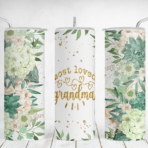 Grandma Tumbler Wrap, Watercolor Flowers Tumbler Sublimation Designs, Mother&#39;s Day PNG For 20oz Skinny Cups, Most Loved Grandma, Seamless