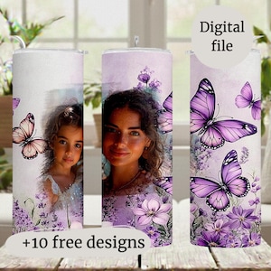 One Picture Tumbler Wrap, Personalised Tumbler With Single Photo, Purple Butterfly Tumbler Sublimation Design For 20 OZ Skinny Cup, Seamless