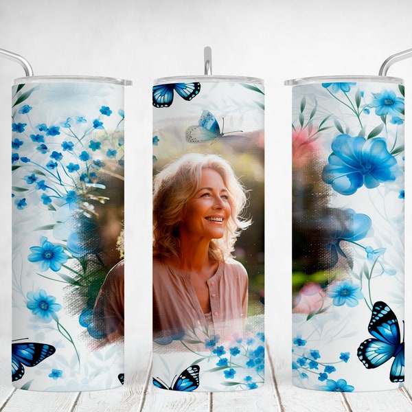 Ein Bild Tumbler Wrap Bild Tumbler mit Einzel Foto Blau weiße Blumen Png-Dateien für Sublimationsdesigns für 20 OZ Skinny Cups Nahtlose