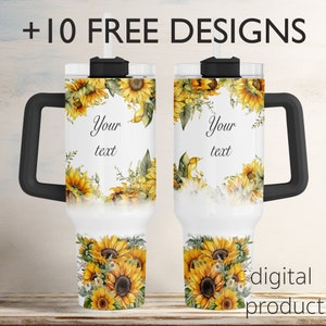 Envoltório de copo de 40 onças com girassóis amarelos, designs personalizados de sublimação de copo de 40 onças, adicione seu nome, texto, modelo de copo Mom Quencher