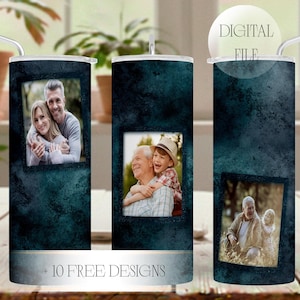 Men 20 oz Photo Tumbler Wrap, 3 Picture Tumbler Png, Sublimation Design, Frame Picture Tumbler Template With 3 Frames, Blue, Seamless Png