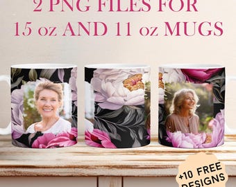 Photo Mug Template With 2 Frames For Grandma, 15 oz 11 oz Picture Mug Wrap Png, Sublimation Designs, Personalized Coffee Mug Template