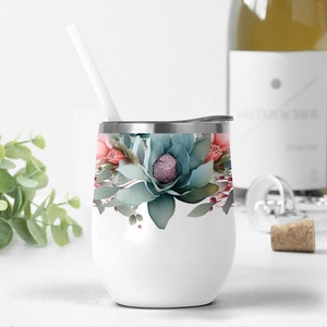 12 oz Wine Tumbler Wrap, Pink Blue Flowers, Wedding Wine Tumbler Png, Floral Tumbler Template, Sublimation Designs For 12 oz Wine Cups