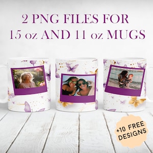 Mokomslag met 3 foto's, vlindermok voor 3 foto's, koffiemok png-bestanden voor sublimatieontwerpen, mok met bloemen png, Moederdagcadeau voor oma