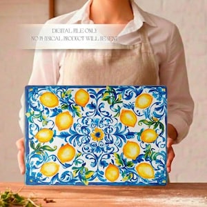 May include: Rectangular ceramic serving platter with a vibrant lemon and floral design. The platter features yellow lemons, blue and white floral patterns, and the text "DIGITAL FILE ONLY, NO PHYSICAL PRODUCT WILL BE SENT".