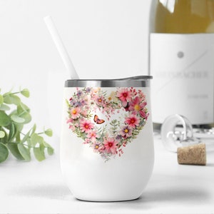 12 oz Wine Tumbler Wrap With Pink Wildflowers, Butterfly, Wedding Wine Tumbler Png Floral Tumbler Template Sublimation Designs For Wine Cup
