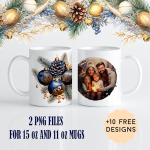 Envoltorio para taza con foto y 1 marco para tazas de 15 oz y 11 oz, diseño de sublimación para taza con foto navideña con adornos azules, plantilla para taza de café con foto