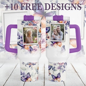 Personalised Photo Tumbler Png For Sublimation Designs, 40 oz Picture Tumbler Wrap With Butterflies, Flowers Customisable Christmas Gifts