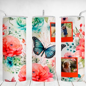 Imagem Tumbler Wrap Borboletas Floral Tumbler Sublimação Designs Para 20OZ Skinny Cup Imagem Seamless Tumbler Png Arquivos Com 2 Molduras Para Fotos
