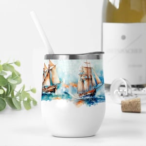 12 Unzen Weinbecher mit Segelboot, Ozean-Meerblick-Png-Dateien für Becher-Sublimation Männer Tumble Wrap Designs Nautische Weinschale-Vorlage