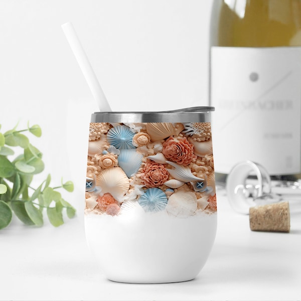 Wine Tumbler Wrap With Sea Shells, Beach Png Files For Sublimation Designs Downloads, Ocean Wine Tumbler Template 12 oz Beach Tumbler Png