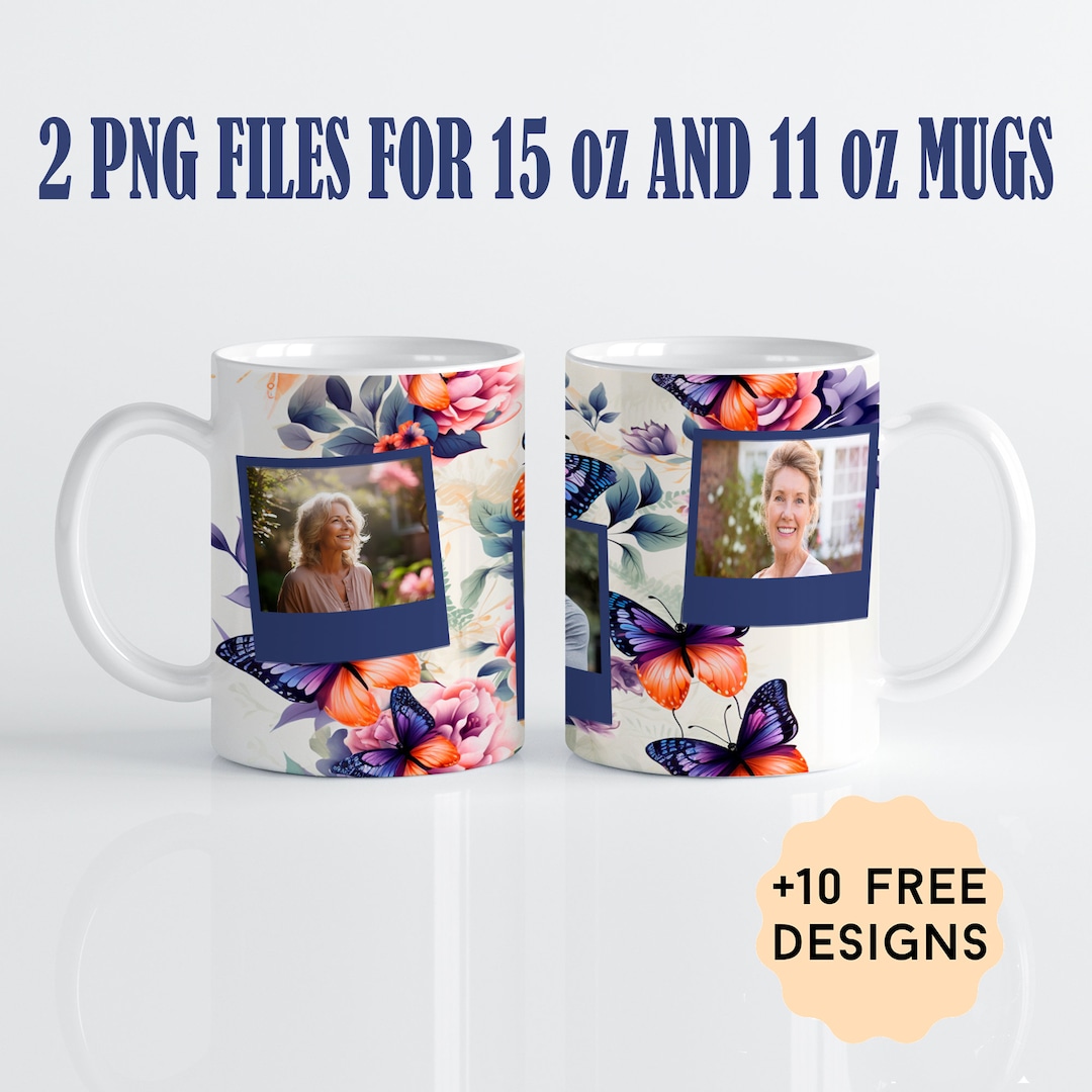 11 Oz Photo Mug Template With 3 Frames, 15 Oz Mug Wrap for 3 Pictures, Mug Sublimation Designs