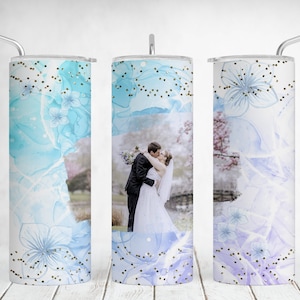 Trouwfoto 20 oz skinny bekerverpakking met enkele afbeelding, blauwe bekersjabloon met lijst, sublimatieontwerpen, aangepaste verjaardagscadeaus