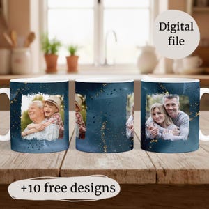 May include: White ceramic mug with a wrap-around design featuring family photos within a dark blue and gold speckled border. The mug has a white handle and the text "+10 free designs".