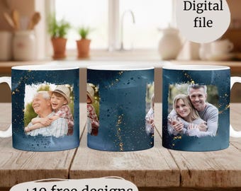 May include: White ceramic mug with a wrap-around design featuring family photos within a dark blue and gold speckled border. The mug has a white handle and the text "+10 free designs".