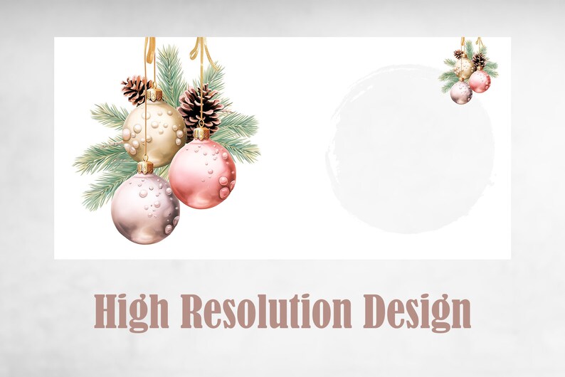 K&ouml;nnte beinhalten: Ein wei&szlig;er Hintergrund mit einem Aquarell-Kreis in der Mitte. Drei Weihnachtskugeln h&auml;ngen an einem Tannenzweig mit Tannenzapfen. Die Kugeln sind golden, rosa und hellrosa mit goldenen Sprenkeln. Der Text "High Resolution Design" befindet sich am unteren Rand des Bildes.
