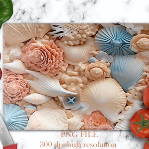 Tabla de cortar PNG para diseños de sublimación, plantilla de tabla de cortar de vidrio con conchas marinas, diseño de tabla de cortar de vidrio, regalo para madres