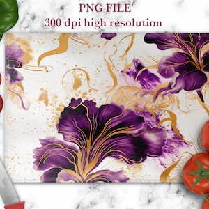 Schneidebrett Png-Datei Sublimation Design Glas Schneidebrett Vorlage mit lila Iris Glas Schneidebrett Design Weihnachtsgeschenk für Mama