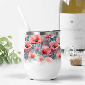 12 oz Weinbecher Wrap mit roten Mohnblumen, Hochzeitsweinbecher Png für Sublimationsdesigns, Blumenbecher Vorlage, 12 oz Weinbecher Designs